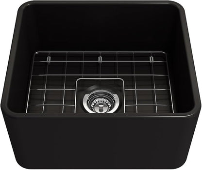 BOCCHI Classico Farmhouse Apron Front Fireclay 20 in. Single Bowl Kitchen Sink with Protective Bottom Grid and Strainer in M.Black