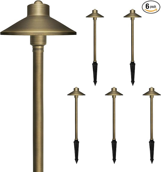 GKOLED Solid Brass Landscape Path Lights (6.7" Shade, 20" Tall), Low Voltage LED 3W 12-24V AC/DC China Hat Path Lighting, 2700K Outdoor Waterproof Walkway Light, with Stake and G4 Bulb, 6 Pack