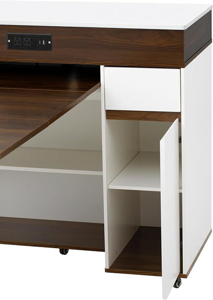 Merax Extendable Rolling Kitchen Island with Folding Table Top, Storage Cabinet with Drawers, Power Outlet & Locking Wheels for Kitchen, Dining Room, Small Space,White+Walnut