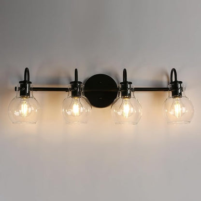 KSANA Black Bathroom Light Fixtures, 4-Light Modern Farmhouse Black Vanity Lights with Clear Glass Shade Over Mirror for Hallway, Kitchen, Bedroom, and Living Room