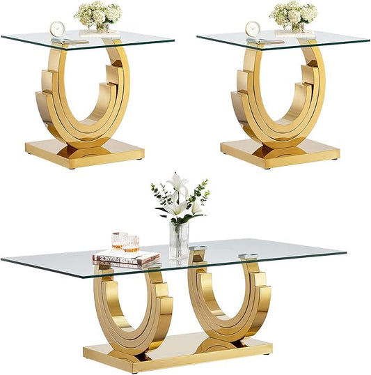HomVent Glass Coffee Table Set, 2 End Tables Living Room Set of 3, 3 Piece Modern Gold Tempered Glass Top Side Tables Bedroom Set of 3 Rectangle Dinner Center Bedside Sets for Living Room Bedroom