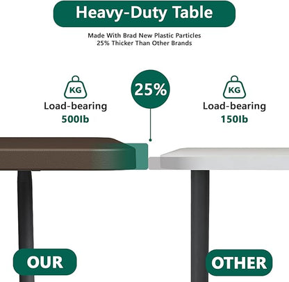 Folding Table 6FT Heavy Duty Plastic Table with Handle, Foldable&Portable, Fold-in-Half Utility Tables for Outdoor, Dining, Wedding, Events, Indoor, Picnic, Camping, Party,Brown
