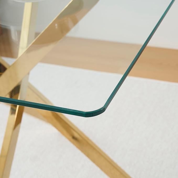 Glass Dining Table,36'' Square Dining Kitchen Table,Modern X-Design Dining Room Table with Gold Metal Base for Dining Room