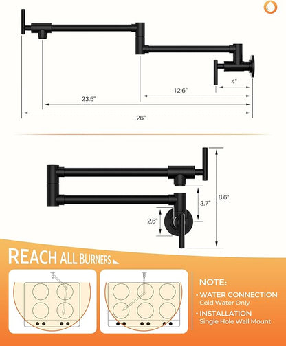 WOWOW Black Pot Filler Faucet - 304 Stainless Steel Pot Filler Over Stove, Wall Mounted Kitchen Folding Faucet with Double Joint Swing Arms