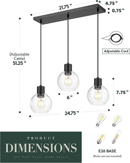 LMS 3-Light Island Lights, Matte Black Dining Room Over Table Hanging Linear Chandeliers, Farmhouse Chandeliers for Kitchen Island Pendant Light Fixtures with Clear Globe Glass Shade, LMS-122SPL-BK3