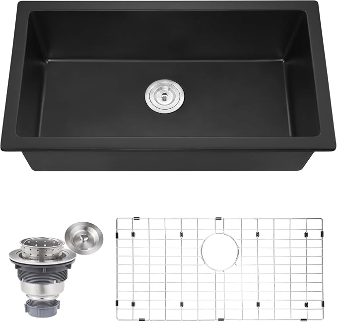 Kitsitchen 30 Inch Black Kitchen Sink, 30" x 18" Matte Black Granite Composite Kitchen Sink with Drain Assembly & Bottom Gird, 9" Undermount Kitchen Sink for Daily Life