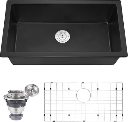 Kitsitchen 30 Inch Black Kitchen Sink, 30" x 18" Matte Black Granite Composite Kitchen Sink with Drain Assembly & Bottom Gird, 9" Undermount Kitchen Sink for Daily Life