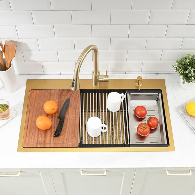 Gold Kitchen Sink Drop In, 33x19 Drop In Kitchen Sink Brushed Gold Stainless Steel Ledge Workstation Single Bowl 16 Gauge Handmade Deep Basin