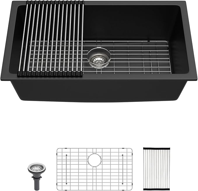 Lordear 31 Granite Composite Kitchen Sink Black 31X18 Inch Undermount Sinks Granite Composite Single Bowl Under Kitchen Sinks with Accessories