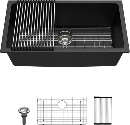 Lordear 31 Granite Composite Kitchen Sink Black 31X18 Inch Undermount Sinks Granite Composite Single Bowl Under Kitchen Sinks with Accessories