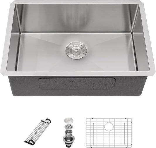 Sarlai 26 Inch Undermount Kitchen Sink- 26x18 Inch Undermount Stainless Steel16 Gauge Single Bowl Under Counter Kitchen Sink Round Corner Basin