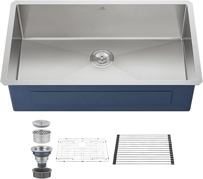 33 Inch Undermount Kitchen Sink Single Bowl,304 Stainless Steel Kitchen Sink, Include Dish-DryingRoll-up Rack Accessories, (Brushed Nickel, 33x19x10 Inch)