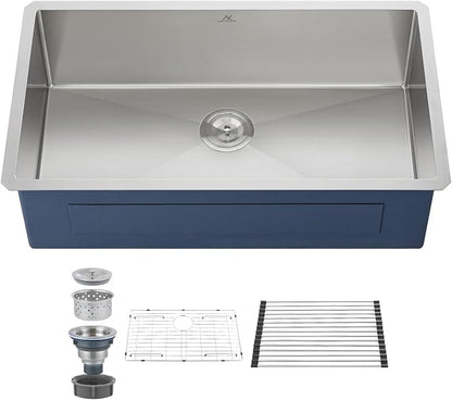 33 Inch Undermount Kitchen Sink Single Bowl,304 Stainless Steel Kitchen Sink, Include Dish-DryingRoll-up Rack Accessories, (Undermount Single Bowl, 33Inch Silver)