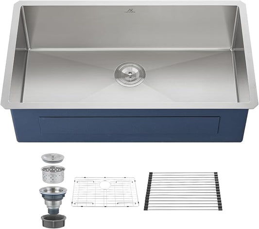 33 Inch Undermount Kitchen Sink Single Bowl,304 Stainless Steel Kitchen Sink, Include Dish-DryingRoll-up Rack Accessories, (Undermount Single Bowl, 33Inch Silver)