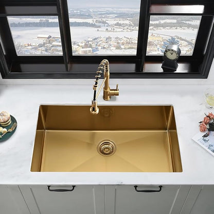 33 Inch Gold Kitchen Sink with Faucet Combo-iAnomla 33x19 Undermount Sinks Stainless Steel Brushed Gold Deep Single Bowl Kitchen Sink and Faucet Combo Set