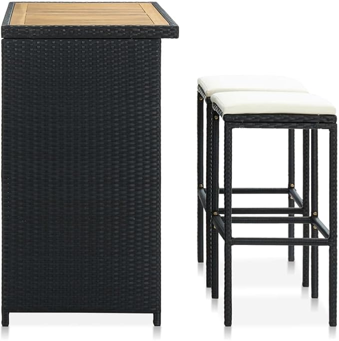 3-Piece Bar Table Set with Stools Black PE Rattan Bistro Set Indoor Outdoor, Steel Frame Furniture with Acacia Wood Tabletop and Cream Cushions for Kitchen Dining Living Room