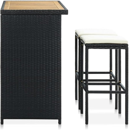 3-Piece Bar Table Set with Stools Black PE Rattan Bistro Set Indoor Outdoor, Steel Frame Furniture with Acacia Wood Tabletop and Cream Cushions for Kitchen Dining Living Room