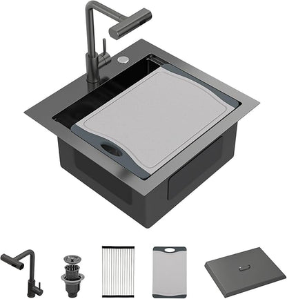 Outdoor Kitchen Sink Black Drop In 21x20 Inch Outdoor Rv Bar Prep Kitchen Sink Workstation 16 Gauge Stainless Steel Gunmetal Black Nano PVD Handmade Single Bowl Sinks with Pull out Faucet 21"x20"x9"