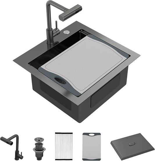Outdoor Kitchen Sink Black Drop In 21x20 Inch Outdoor Rv Bar Prep Kitchen Sink Workstation 16 Gauge Stainless Steel Gunmetal Black Nano PVD Handmade Single Bowl Sinks with Pull out Faucet 21"x20"x9"