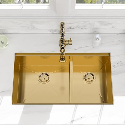 33 Gold Undermount Kitchen Sink - Beslend 33x19 Gold Double Bowl Kitchen Sinks Workstation 16 Gauge Stainless Steel Golden Sink Low Divide Double Basin 60/40