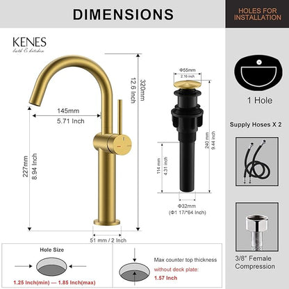 KENES Brushed Gold Tall Bathroom Faucet, Single Handle Vessel Sink Faucet Single Hole, Modern Bathroom Vanity Faucet with Pop Up Drain and Supply Lines, KE-9005C-4