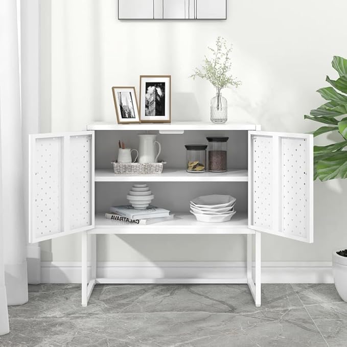 White Steel Sideboard, Rectangular Modern Buffet Cabinet, Lacquered Finish, 2-Door Storage, Adjustable Levelers, for Living Room, Dining Room Kitchen Furniture