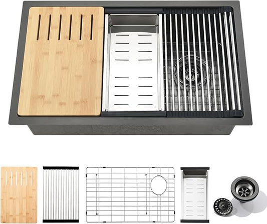 30 Inch Black Undermount Kitchen Sink Workstation - SZBAQTM 30x18 Inch Undermount Sink Stainless Steel Single Bowl 10'' Deep Handmade Kitchen sink with Cutting Board& Strainer