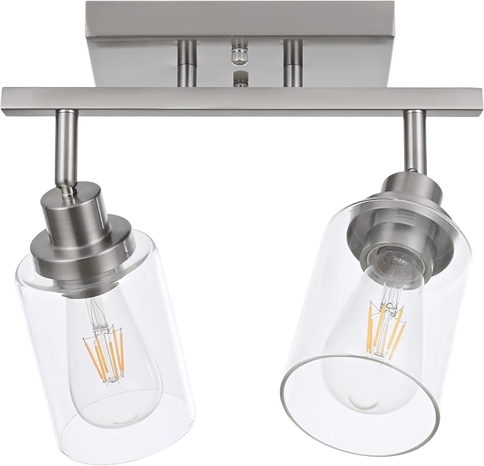 MELUCEE 2 Light Rotatable Track Lighting Kit Spotlight Semi Flush Mount Ceiling Light, Brushed Nickel Bathroom Lights Wall Scone for Hallway Porch Foyer Bath Storage, Clear Glass Shade