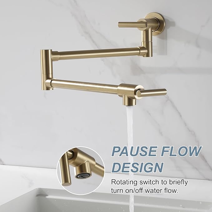 Wall Mount Pot Filler Faucet for Kitchen Upside Down Pot Filler Kitchen Folding Faucet with Dual Stretchable Double Joint Swing Arms, Brushed Gold