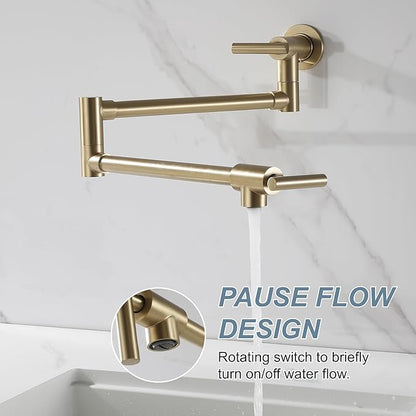 Wall Mount Pot Filler Faucet for Kitchen Upside Down Pot Filler Kitchen Folding Faucet with Dual Stretchable Double Joint Swing Arms, Brushed Gold