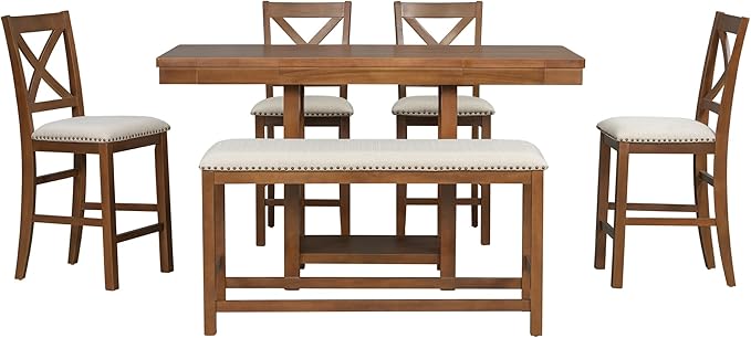 Solid Wood Counter Height Dining Table Set for 6, Expandable Bar Table with 4 Chairs and a Bench, Farmhouse Kitchen Table Set with 2-Tier Storage Shelves for Dinning Room Living Room (Brown-4.9)