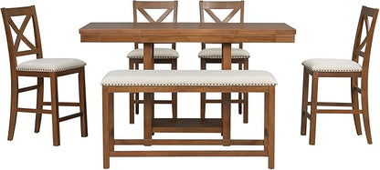 Solid Wood Counter Height Dining Table Set for 6, Expandable Bar Table with 4 Chairs and a Bench, Farmhouse Kitchen Table Set with 2-Tier Storage Shelves for Dinning Room Living Room (Brown-4.9)