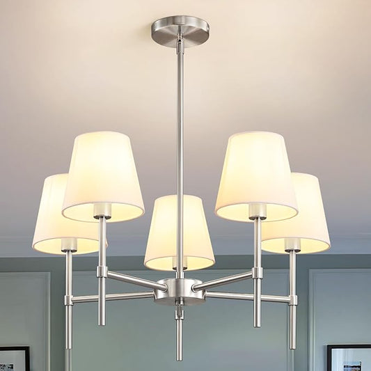 RUIYEY Dining Room Chandeliers Light - 5-Light Brushed Nickel Modern Chandeliers Light Fixtures with White Fabric Shade, Height Adjustable Pendant Island Lights for Entryway Farmhouse
