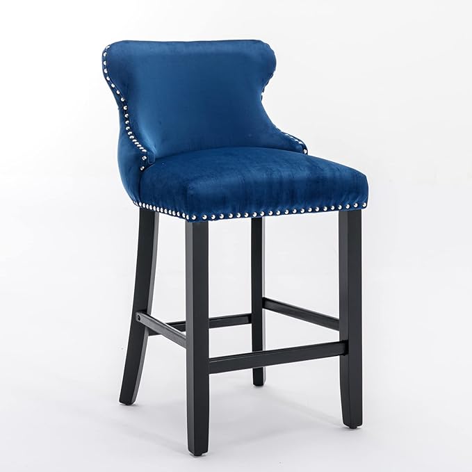 Rhomtree Elegant Button Tufted Upholstered Fabric Bar Stools with Nailhead Trim, Dining Side Chair, Leisure Padded Chairs with Solid Wooden Legs Home Kitchen Island Wooden Bar Chairs (Blue, Set of 6)