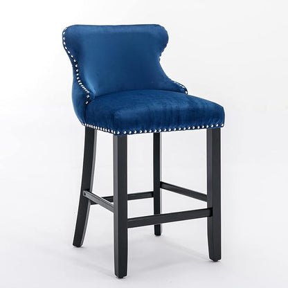 Rhomtree Elegant Button Tufted Upholstered Fabric Bar Stools with Nailhead Trim, Dining Side Chair, Leisure Padded Chairs with Solid Wooden Legs Home Kitchen Island Wooden Bar Chairs (Blue, Set of 4)