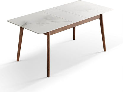 Solid Oak Extendable Dining Table with Stone Slab Tabletop for 4-6 People, Seamless Expansion, Diagonal Legs, Farmhouse Kitchen Table for Small Spaces (Walnut-Slate)