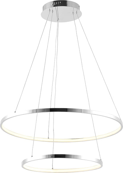 JONATHAN Y 15.75" Chrome 2-Light Modern Integrated LED Pendant Light, Dimmable Round Hoop Chandelier for Kitchen Island, Dining Room, Adjustable Height Metal Hanging Light (JYL7204C)