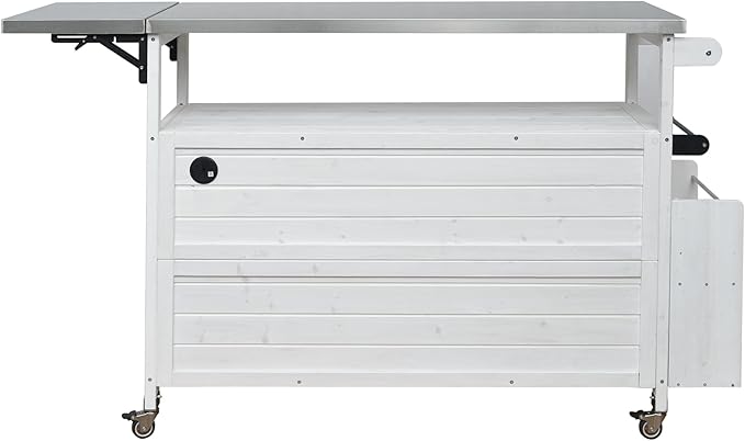MERITLINE Foldable Outdoor Kitchen Island with Stainless Steel Top & Fir Wood Frame, Adjustable Hidden Shelf & Two-Tier Rack, Lockable Casters for Patio, Garden, Balcony, White