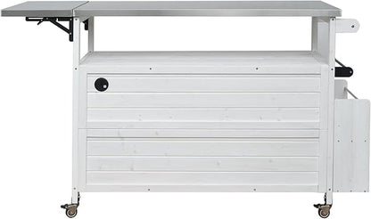 MERITLINE Foldable Outdoor Kitchen Island with Stainless Steel Top & Fir Wood Frame, Adjustable Hidden Shelf & Two-Tier Rack, Lockable Casters for Patio, Garden, Balcony, White