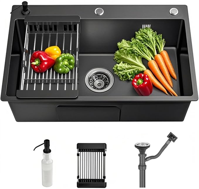 Drop In Kitchen Sink Workstation, Nano Stainless Steel Topmount Bar Single Bowl Sink Combo-Soap Dispenser, Drain Basket, Drain Strainer Set for Modern Kitchen Sink (19.7 * 17.7 * 7.9in)