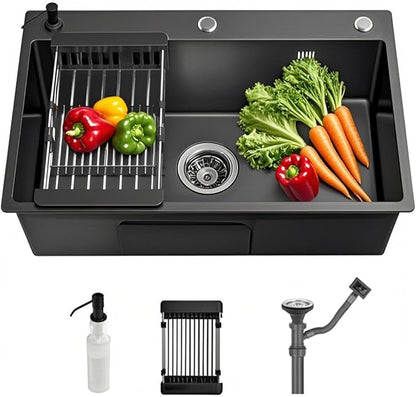 Drop In Kitchen Sink Workstation, Nano Stainless Steel Topmount Bar Single Bowl Sink Combo-Soap Dispenser, Drain Basket, Drain Strainer Set for Modern Kitchen Sink (19.7 * 17.7 * 7.9in)