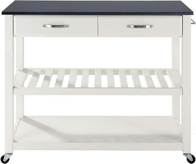 Crosley Furniture Granite Top Kitchen Prep Rolling Cart, Microwave Stand, Coffee Bar, with Shelves, White