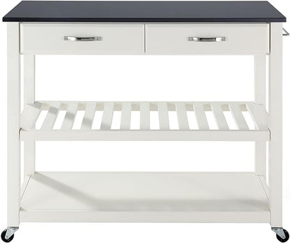 Crosley Furniture Granite Top Kitchen Prep Rolling Cart, Microwave Stand, Coffee Bar, with Shelves, White