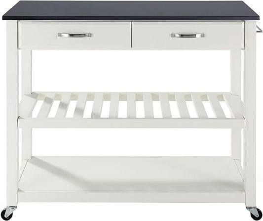 Crosley Furniture Granite Top Kitchen Prep Rolling Cart, Microwave Stand, Coffee Bar, with Shelves, White