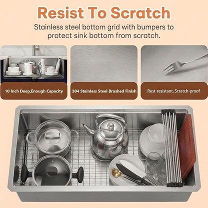 Stainless Steel Undermount Kitchen Sink, 16 Gauge T-304S Workstation Sinks with Accessories, 33" x 18" x 10" Large and Deep Single Bowl Kitchen Sink For Home & Kitchen, Outdoor