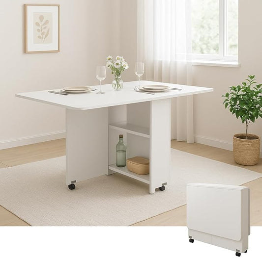 Folding Drop Leaf Dining Table with Wheels – Space-Saving Kitchen Table with 2-Layer Storage, Multi-Functional Table for Dining, Office, or Kitchen Island