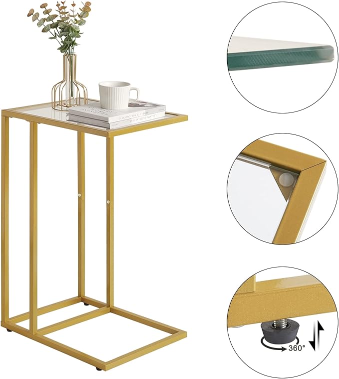 YMYNY C-Shaped End Table, Tempered Glass Sofa Side Table, TV Tray CouchTable That Slide Under for Small Space, Coffee Table for Hallway Office Bedroom Living Room, Metal Frame, Gold, UHGD001G