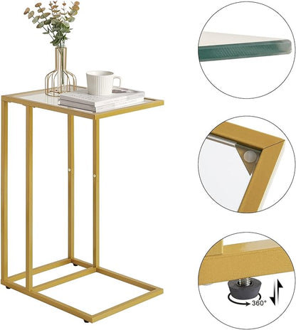 YMYNY C-Shaped End Table, Tempered Glass Sofa Side Table, TV Tray CouchTable That Slide Under for Small Space, Coffee Table for Hallway Office Bedroom Living Room, Metal Frame, Gold, UHGD001G