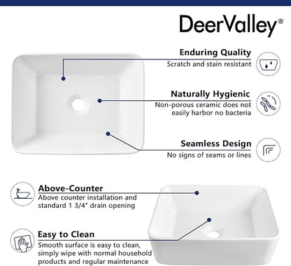 DeerValley Liberty 16x12 Inch Rectangular Vessel Sink, White Ceramic Above Counter Bathroom Basin, DV-1V0048