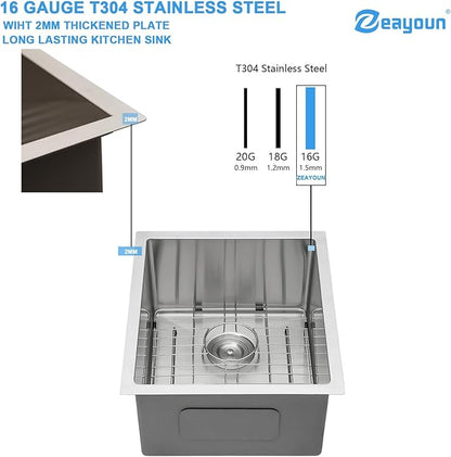 15 x 17 Inch Undermount Bar Sink 16 Gague Stainless Steel Handmade Kitchen Sink Single Bowl Small Wet Prep RV KitchenSinks Basin (Not Included Roll-up Drying Rack and Bottom Grid)